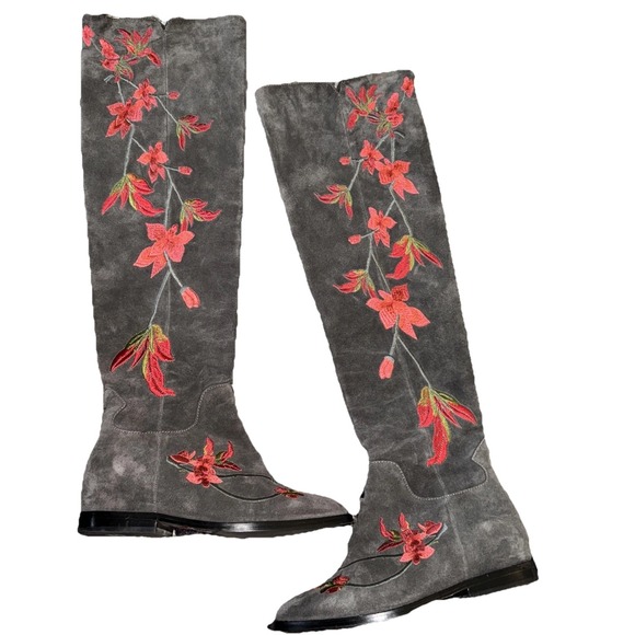 ASH Jess Ter Suede Boho Gray Tall Boots Embroidered Over-The-Knee Boots Sz 39 - Picture 1 of 10